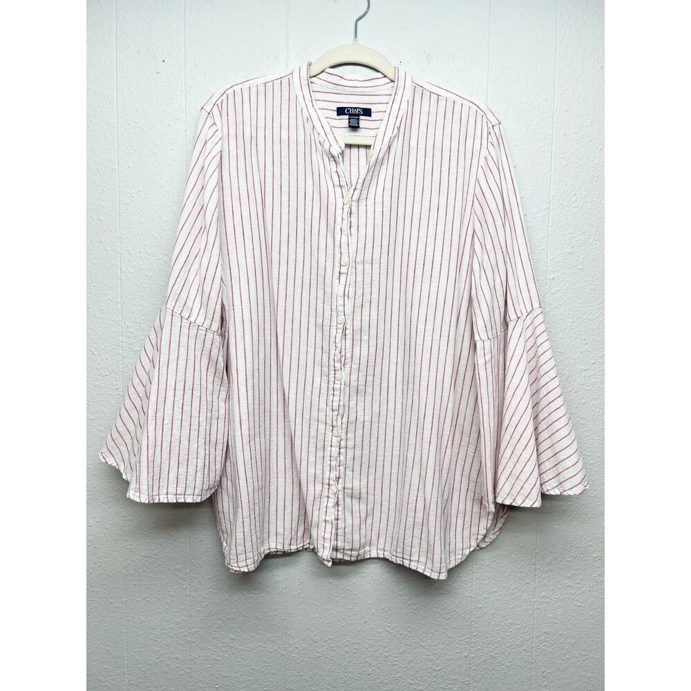 Chaps Linen Cotton Belle Sleeve Striped Shirt Womens XXL Workwear Casual Beachy